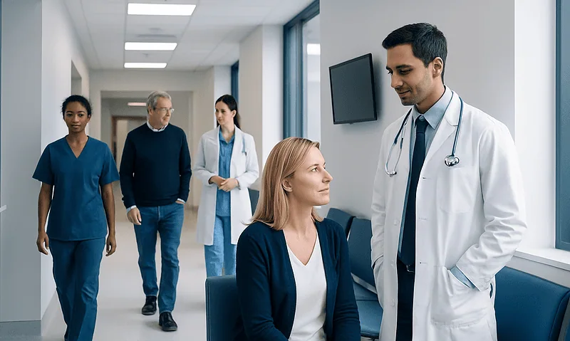 Medical team consulting patient in hospital corridor.