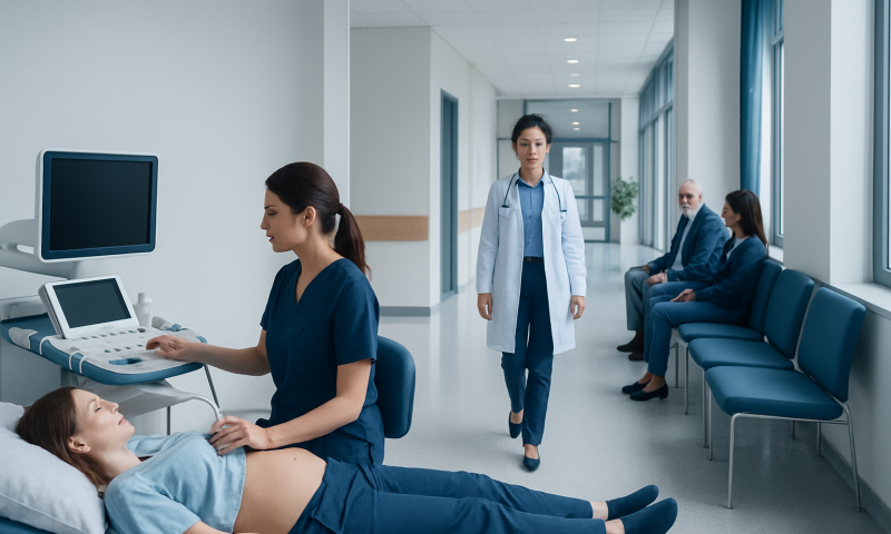 Medical professionals perform ultrasound examination in hospital corridor.