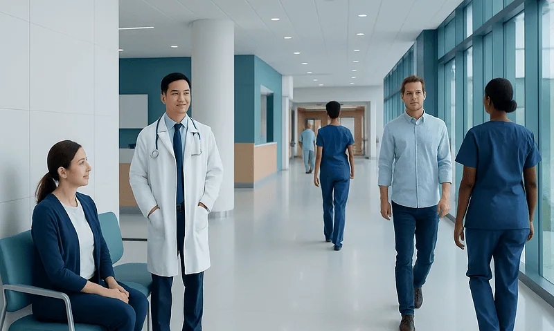 Medical staff and patients in a modern hospital corridor at Acibadem Hospitals Group.