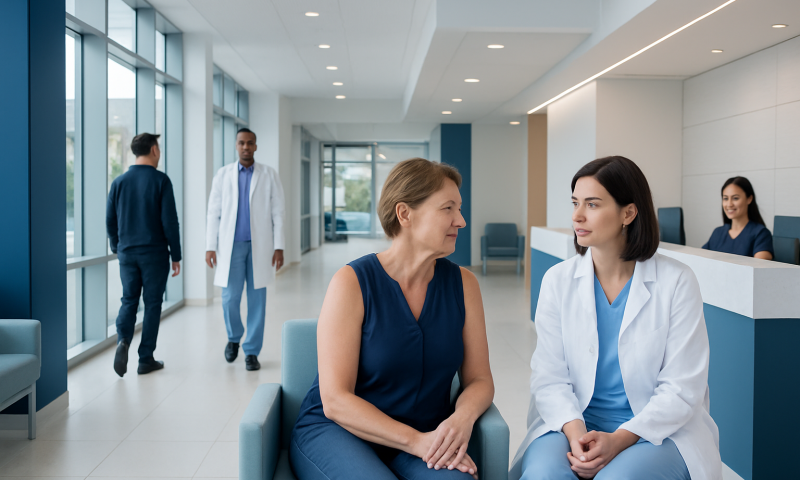 Patient consulting with doctor in modern hospital lobby.