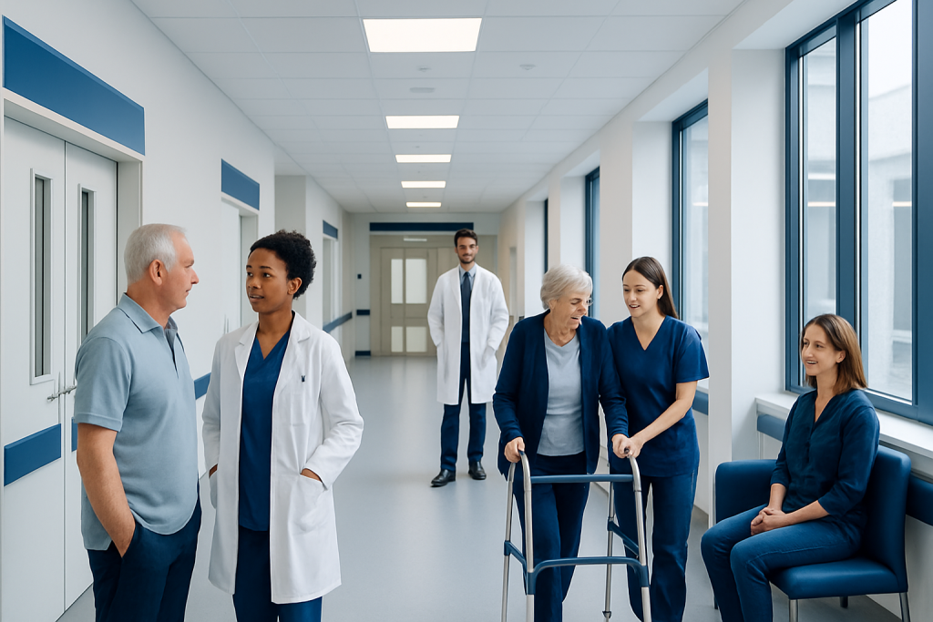 Cataract to Glaucoma: An Evidence-Based Patient Guide 1 Healthcare professionals and patients in a hospital corridor.