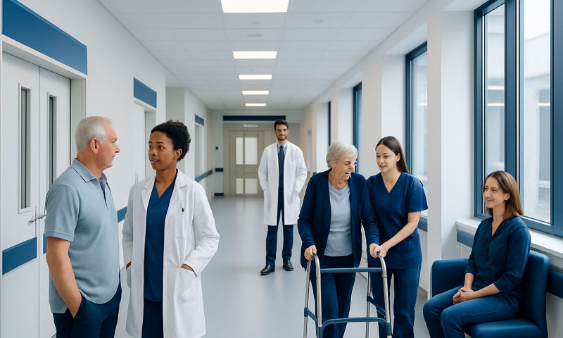 Healthcare professionals and patients in a hospital corridor.