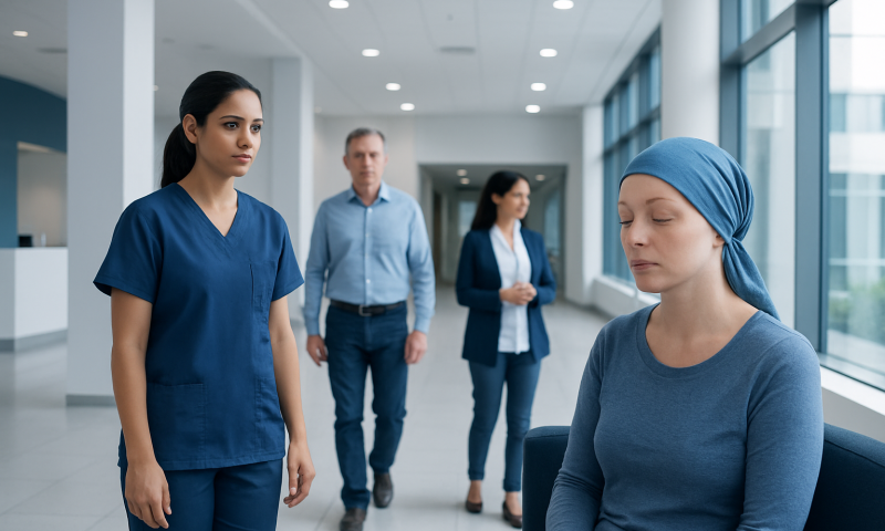 Compassionate healthcare team supporting a chemotherapy patient in hospital corridor.