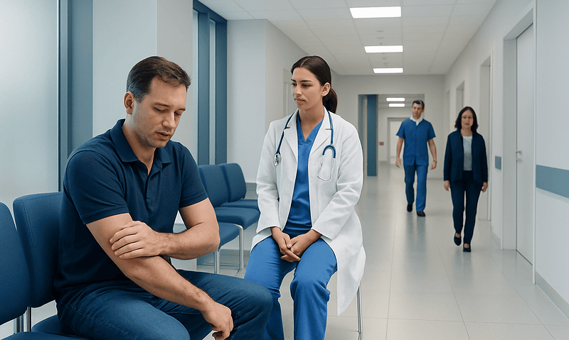 Patient with elbow pain consulting with doctor in hospital corridor.