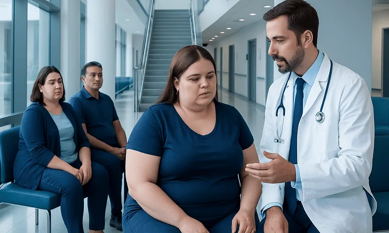 Doctor consulting with a patient about gastric bypass risks in a hospital corridor.