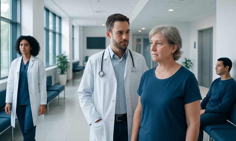 Doctor consulting with a patient in a hospital corridor.