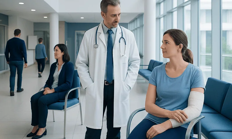 Doctor consulting a patient with arm bandage in hospital waiting area.