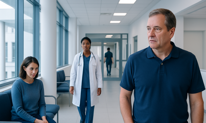 Patient waiting in hospital corridor with medical staff nearby.