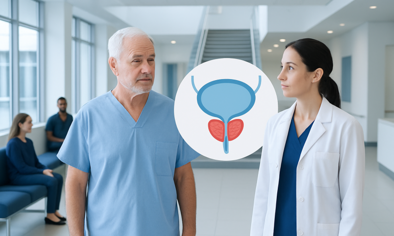 Urologist discussing prostate health with patient in hospital.