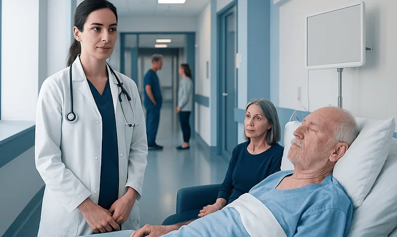 Doctor consulting elderly patient in hospital corridor with family members present.