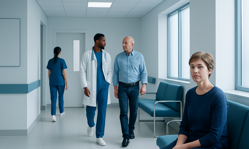 Patients and medical staff in a hospital corridor, healthcare environment.