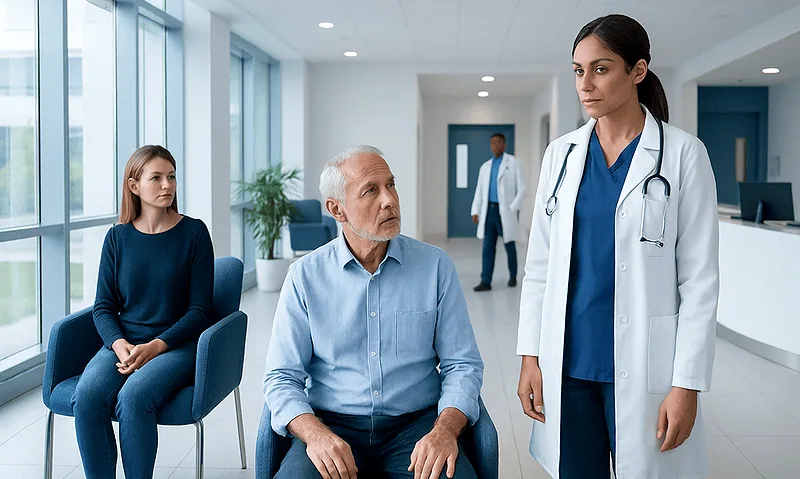 Doctor consulting elderly patient in hospital corridor with visitor nearby.