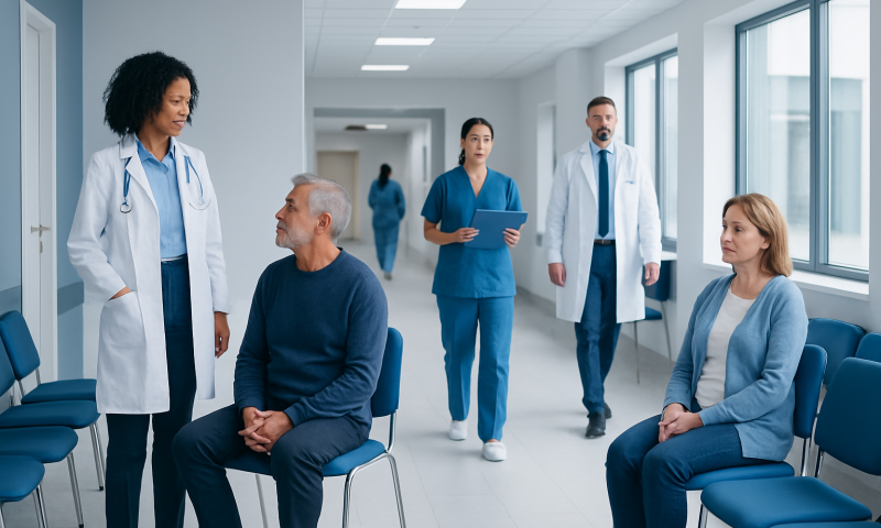 Medical team consulting with patients in a hospital corridor.