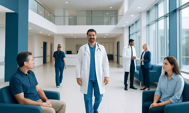 Medical team in hospital lobby with patients and staff.