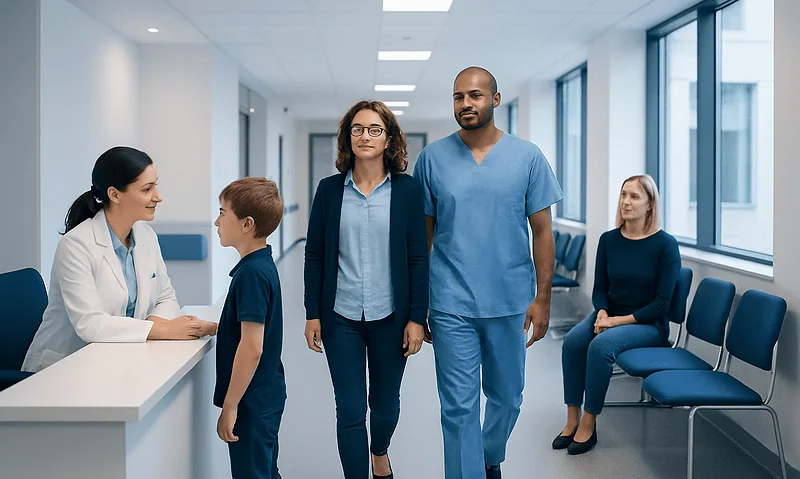 Patients and healthcare professionals in a modern hospital corridor.