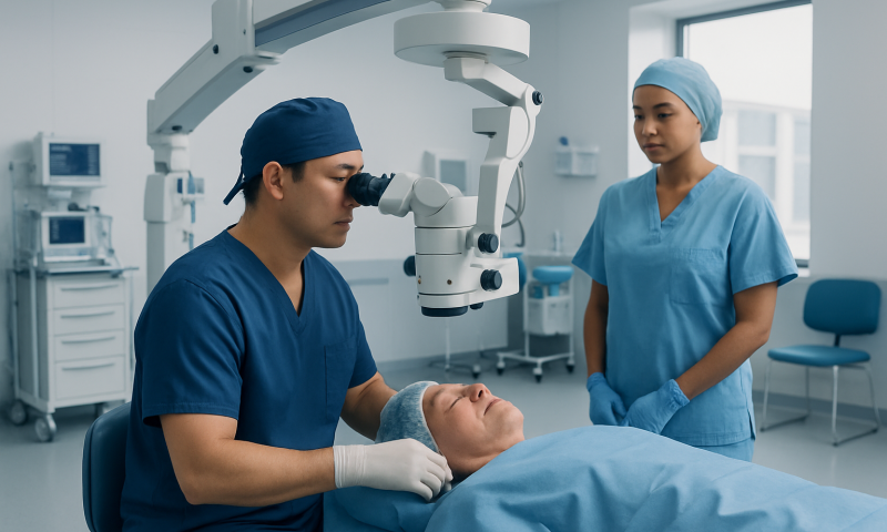 Surgeon performing vitrectomy surgery on a patient with a macular hole.