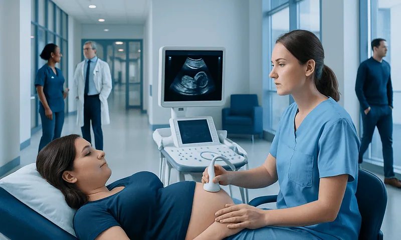 Pregnant woman having an ultrasound at a hospital.