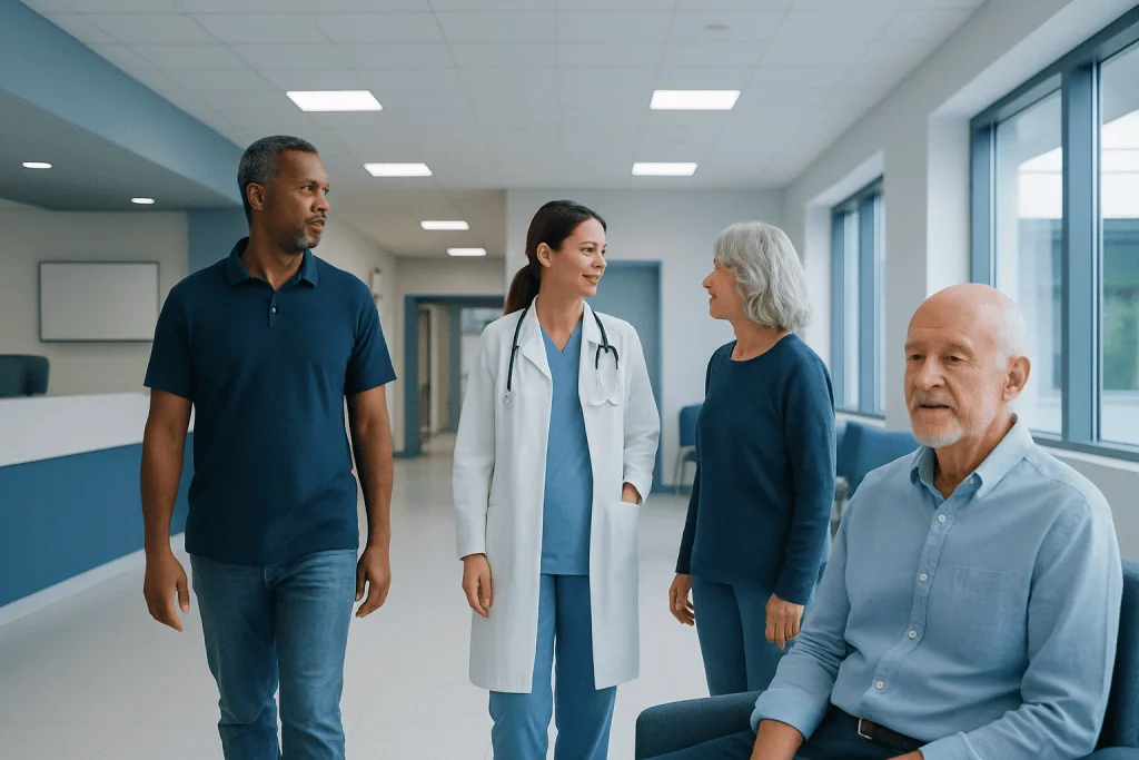 2026 Prostate Biopsy Codes: Procedure, Recovery and Results 1 Medical team consulting with elderly patient in hospital corridor.