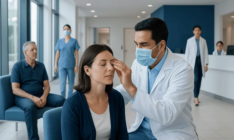 Ophthalmologist examines patient with bandage contact lens in hospital clinic.