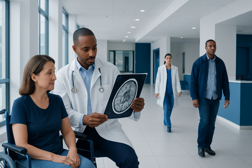Brain Tumor MRI: Preparation, Procedure and Results 1 Doctor reviewing brain MRI scan with patient in hospital corridor.