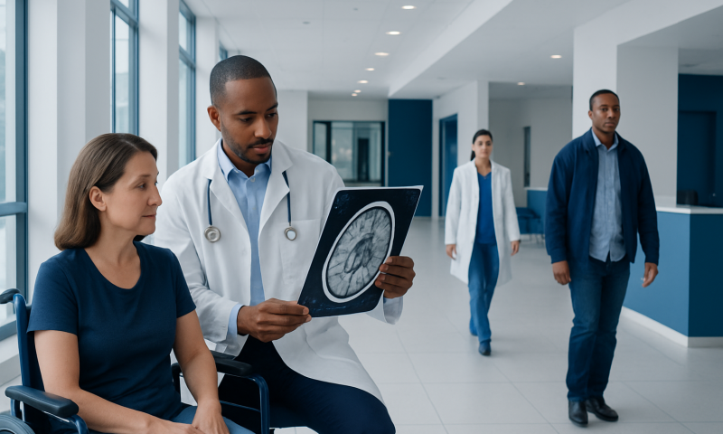 Doctor reviewing brain MRI scan with patient in hospital corridor.