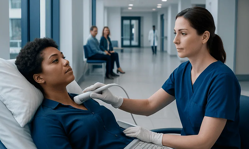 Nurse performs ultrasound examination on patient in hospital corridor.