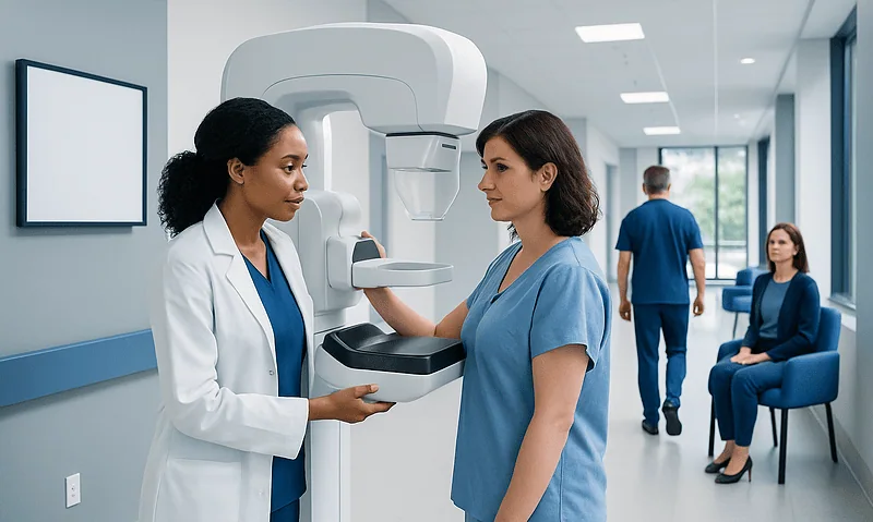 Medical staff preparing for breast imaging with advanced mammography equipment.