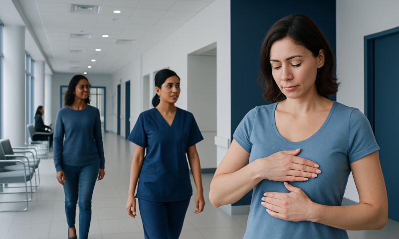 Woman performing breast self-exam in hospital corridor with medical staff nearby.