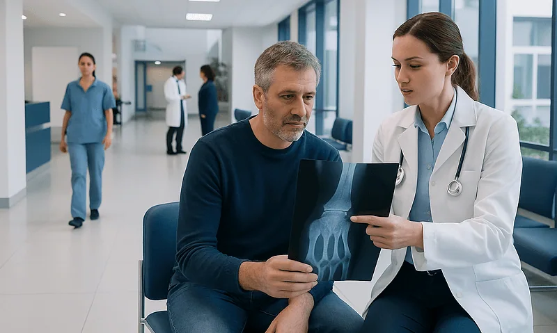 Doctor explaining broken wrist X-ray to patient in hospital corridor.