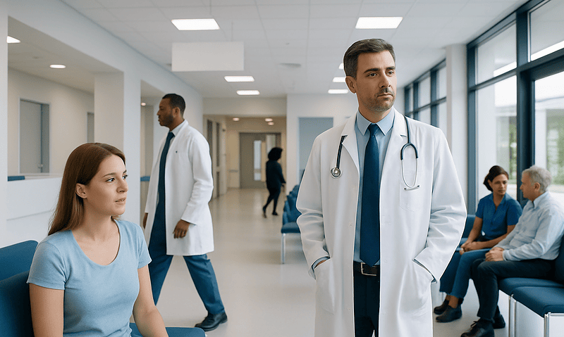 Doctor consulting patient in hospital corridor at Acibadem Hospitals Group.