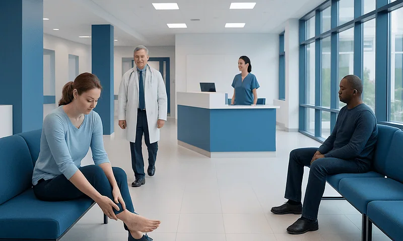 Patient with foot pain in a modern hospital waiting area.