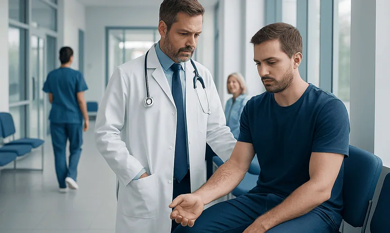 Doctor examining a patient's arm in a hospital corridor.
