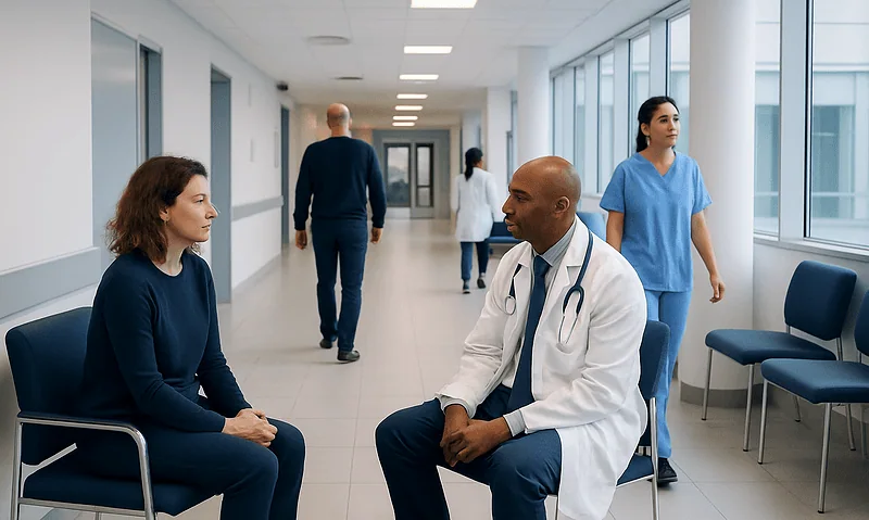 Doctor consulting with a patient in a hospital corridor.