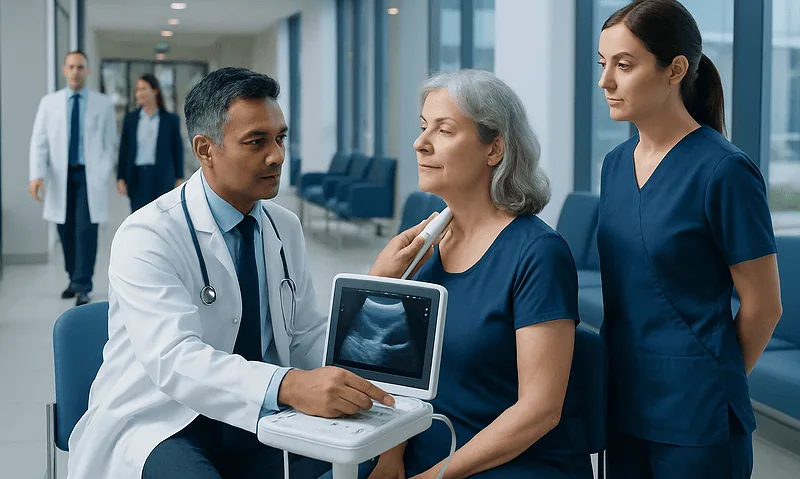 Doctor performing ultrasound examination on elderly woman in hospital corridor.