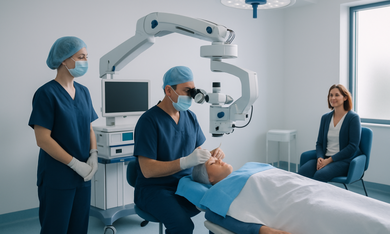 Cataract Eye Surgery Video: Procedure, Recovery and Results 6 Surgeon performing cataract surgery with medical team in modern operating room.