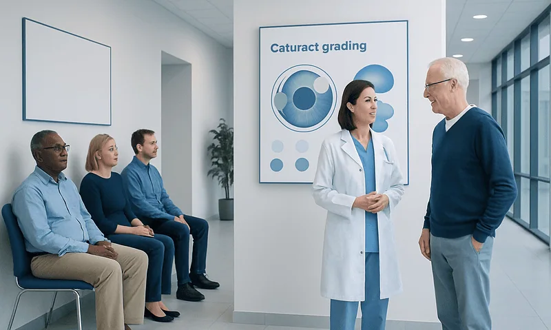 Cataract Grading Scale: An Evidence-Based Patient Guide 6 Ophthalmologist explains cataract grading to patient in clinic.