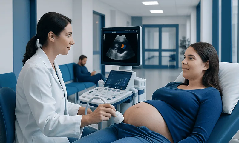 Pregnant woman undergoing ultrasound at Acibadem Hospital.