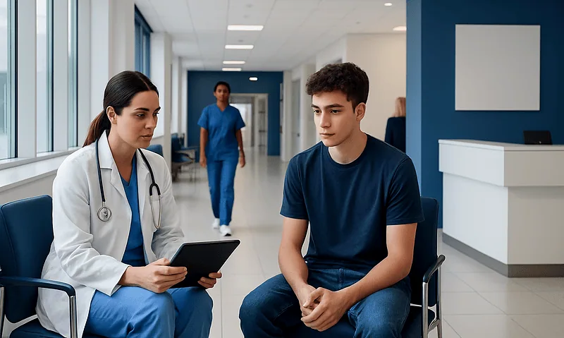 Doctor consulting with a young male patient in a hospital corridor.