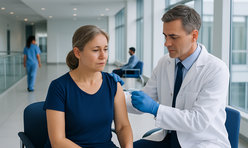 Doctor administering shoulder injection to patient in hospital setting.