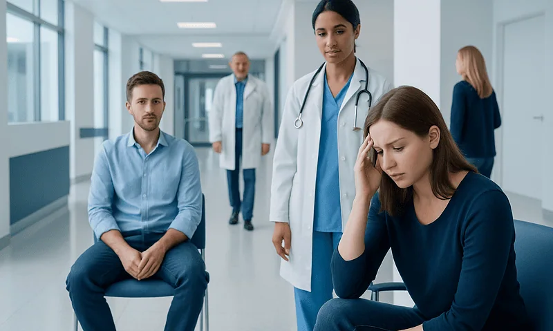 COVID Headache: Common Causes, Related Conditions, and When to See a Doctor 9 Patient experiencing headache in hospital corridor with medical staff nearby.