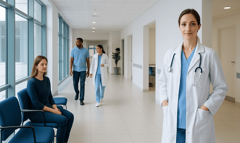 Healthcare professionals and patient in a modern hospital corridor.