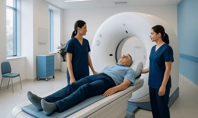 Patient undergoing a CT scan in a modern medical facility with healthcare professionals present.