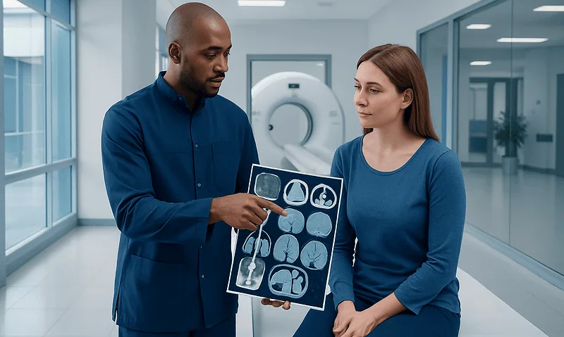 Doctor explaining CT scan images to a patient in a hospital corridor.