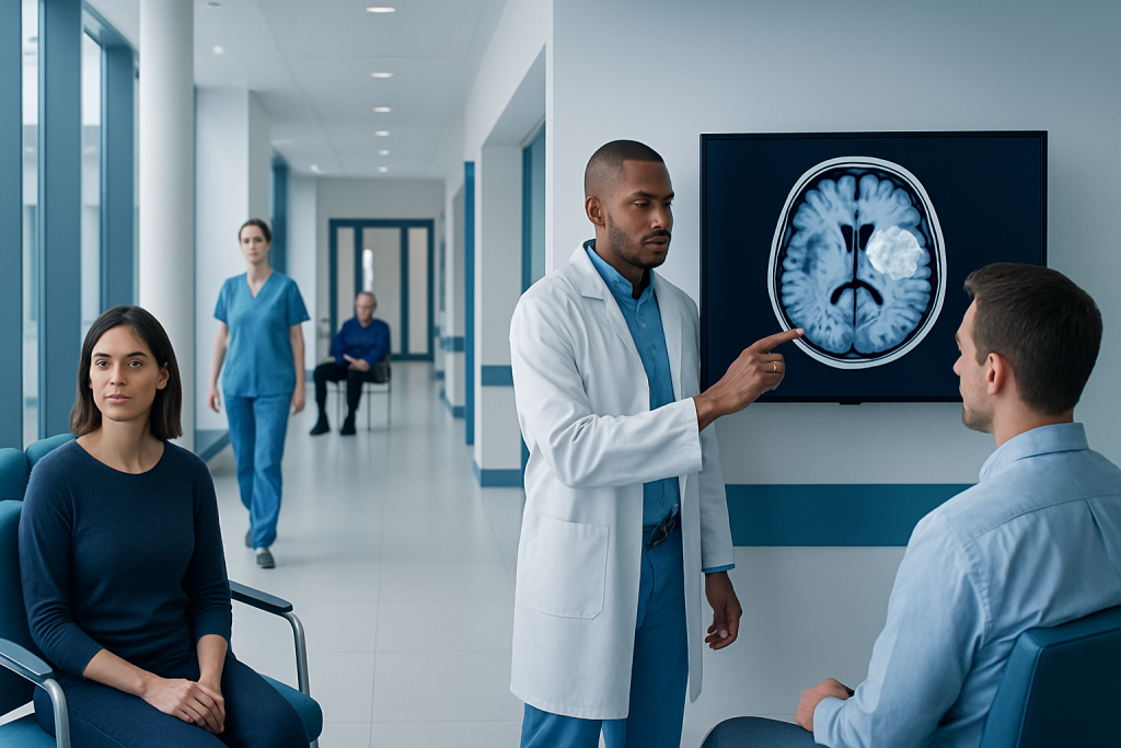 Cyst in the Brain MRI: Preparation, Procedure and Results 1 Doctor explaining brain MRI scan to patient in hospital corridor.