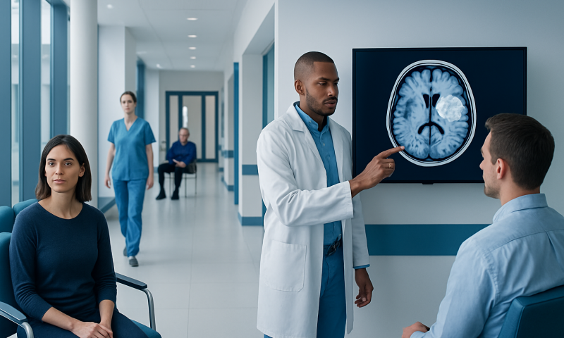 Doctor explaining brain MRI scan to patient in hospital corridor.