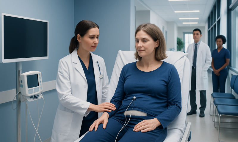 Doctor explaining cystometrogram procedure to patient in hospital.