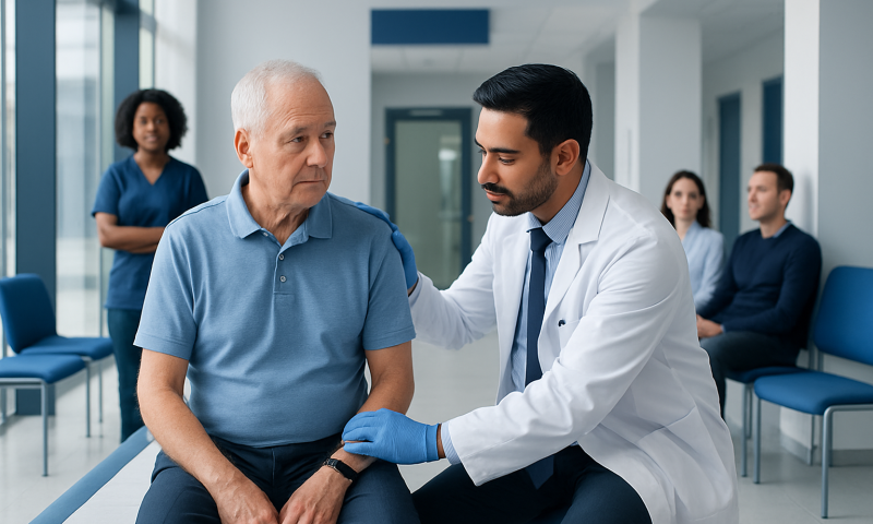 Doctor examining senior male patient during prostate checkup in clinic.