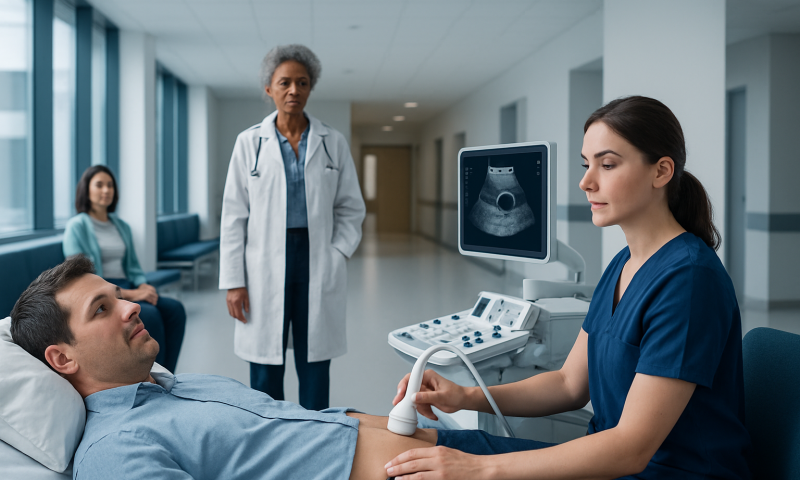 Doctor performs bladder ultrasound on patient in hospital corridor.
