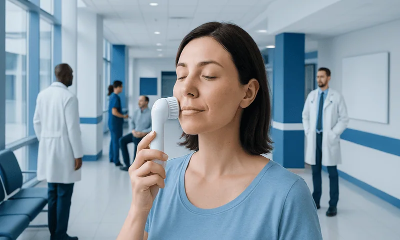 Woman using a facial cleansing device in a hospital corridor.