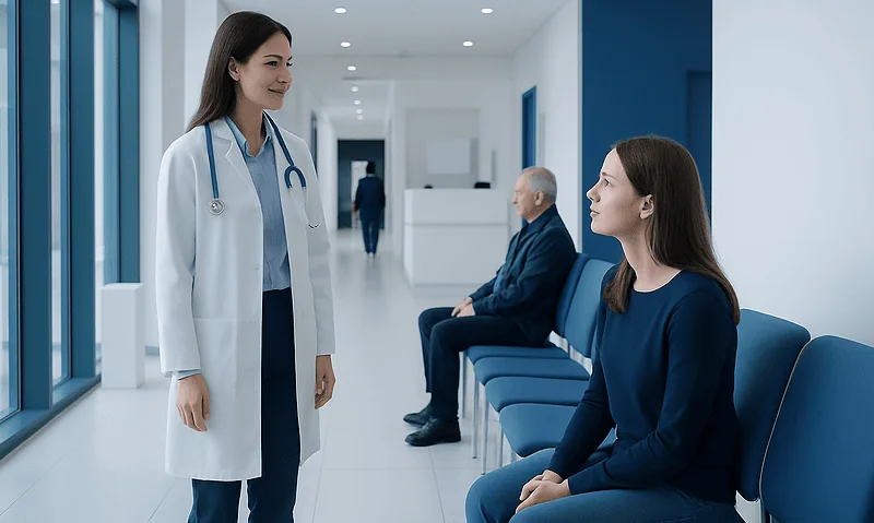 Doctor speaking with patient in hospital corridor.